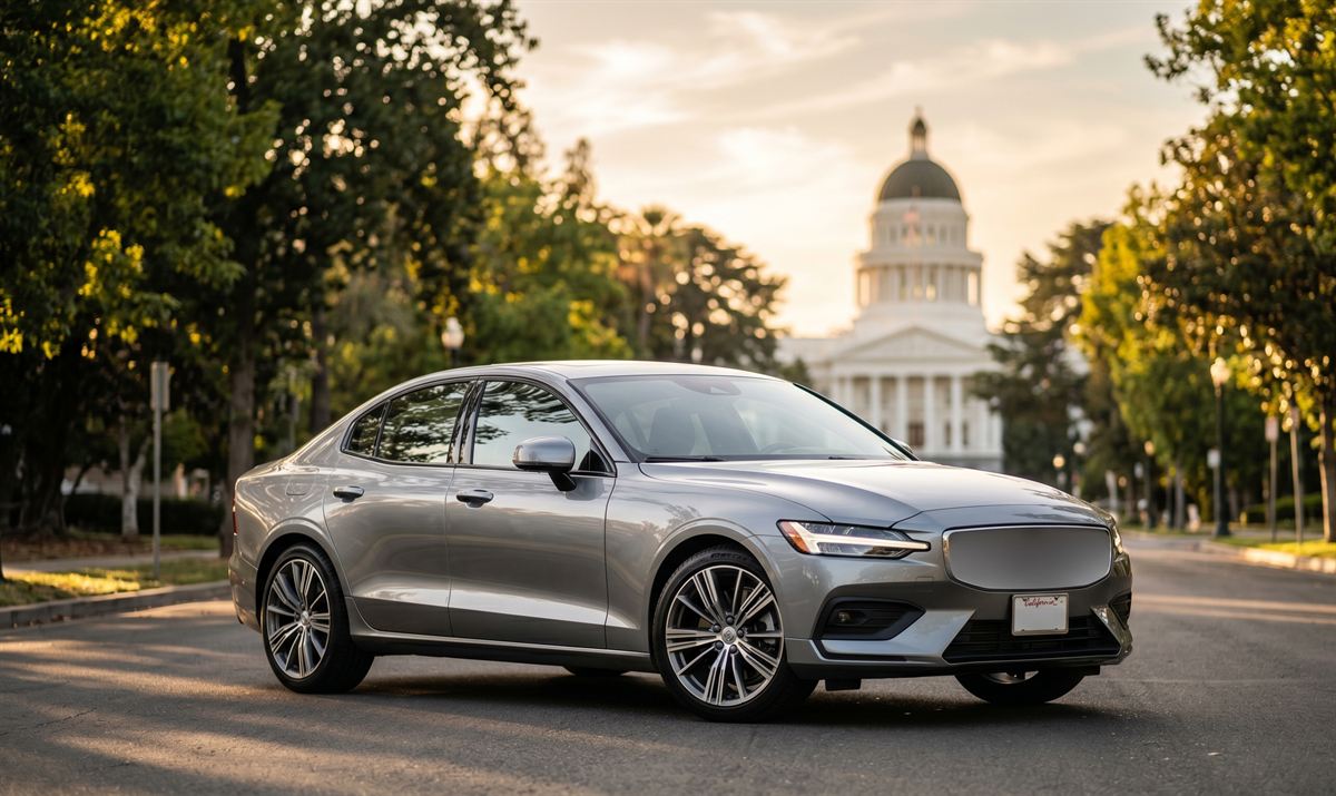 A silver sedan parked on a tree-lined Sacramento street with the California State Capitol dome in the background