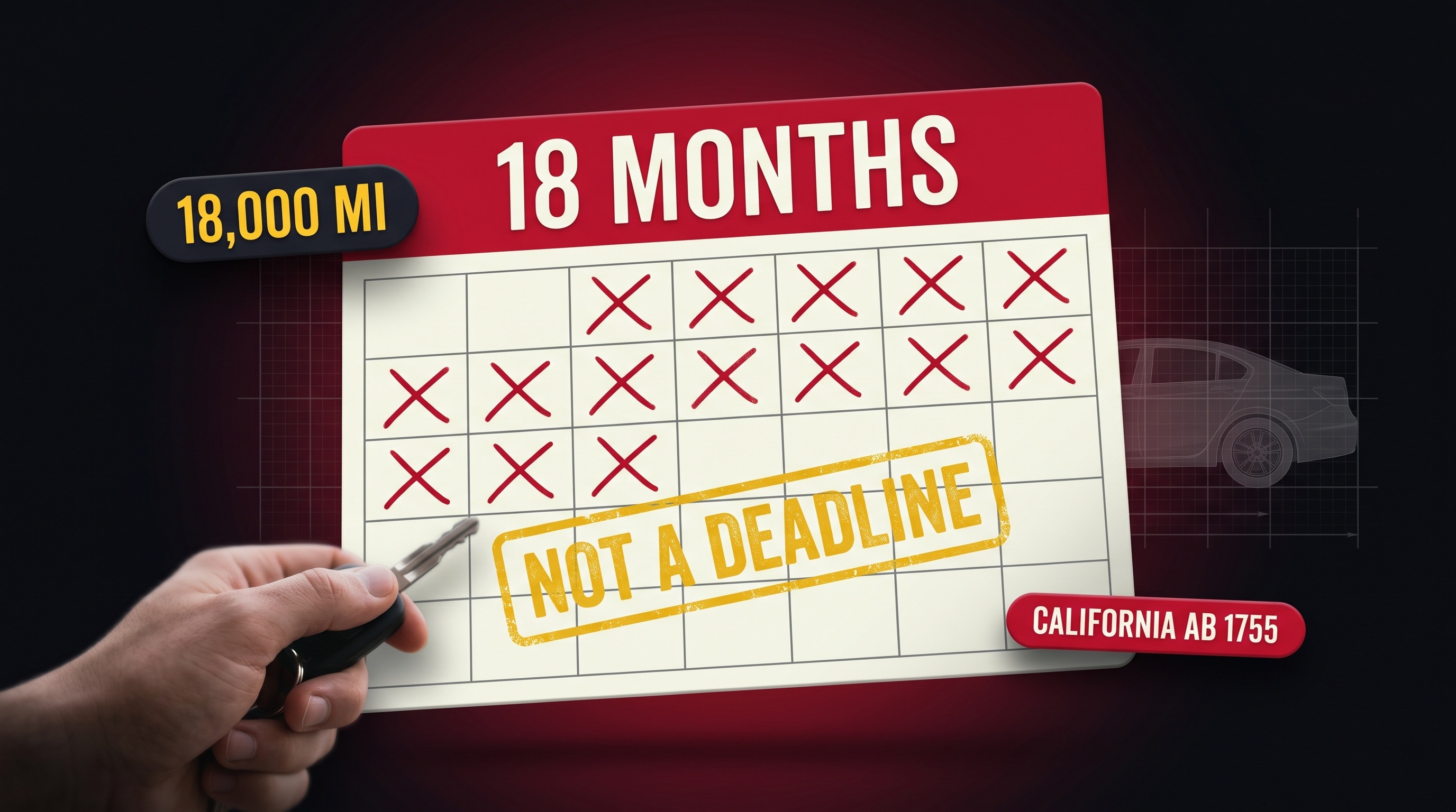 California Lemon Law calendar showing the 18-month / 18,000-mile presumption window crossed off, stamped "Not a Deadline" with a California AB 1755 badge