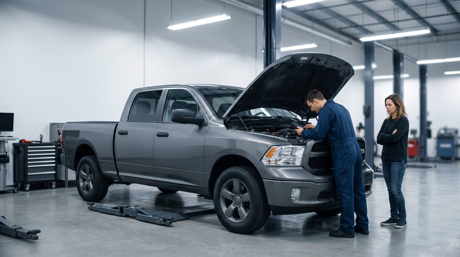 A technician inspecting the open engine bay of a full-size pickup truck in a service bay while the frustrated owner watches