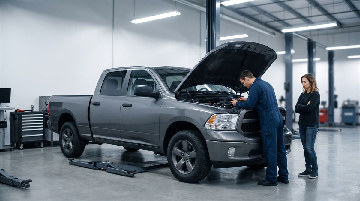 A technician inspecting the engine of a full-size pickup truck in a service bay while the frustrated owner watches