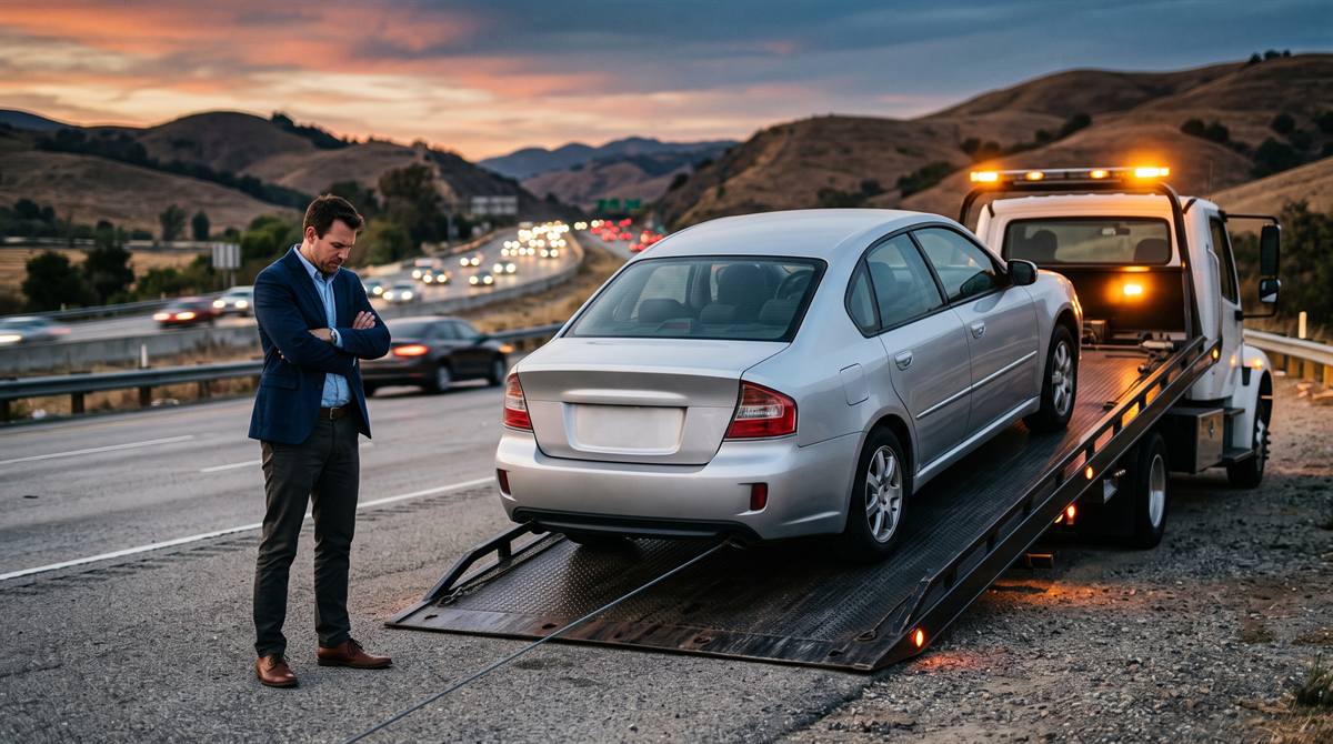 A frustrated driver on a highway shoulder at dusk watching his sedan get loaded onto a flatbed tow truck