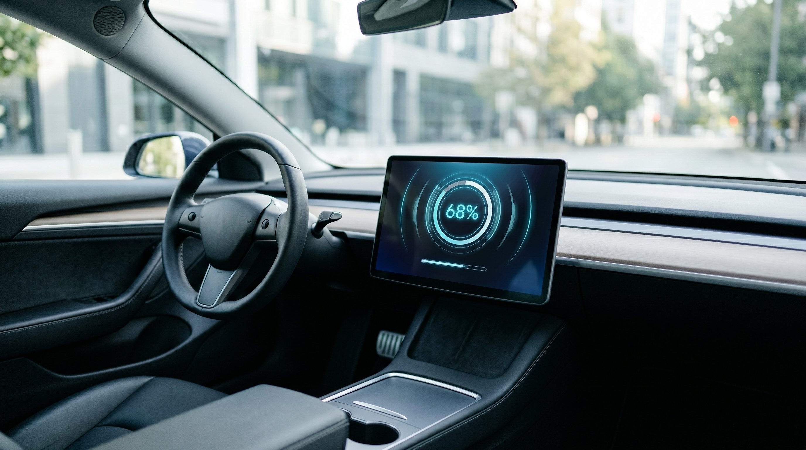 Electric vehicle dashboard touchscreen installing an over-the-air software update while the car sits parked