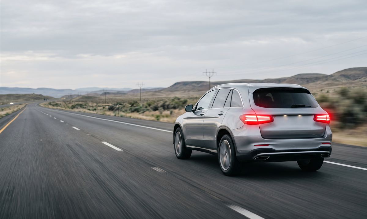 A silver SUV driving down an open highway with its brake lights illuminated