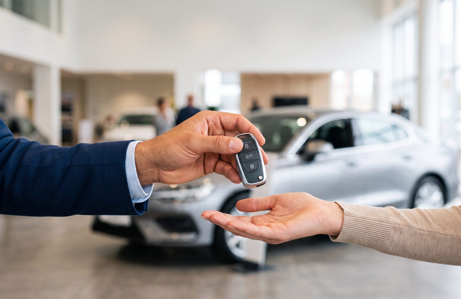 A car salesperson handing a key to a buyer in a dealership showroom