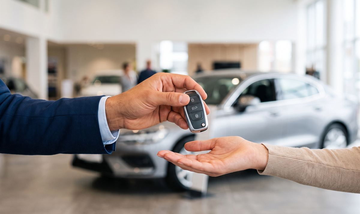 A car salesperson handing a key to a buyer in a dealership showroom